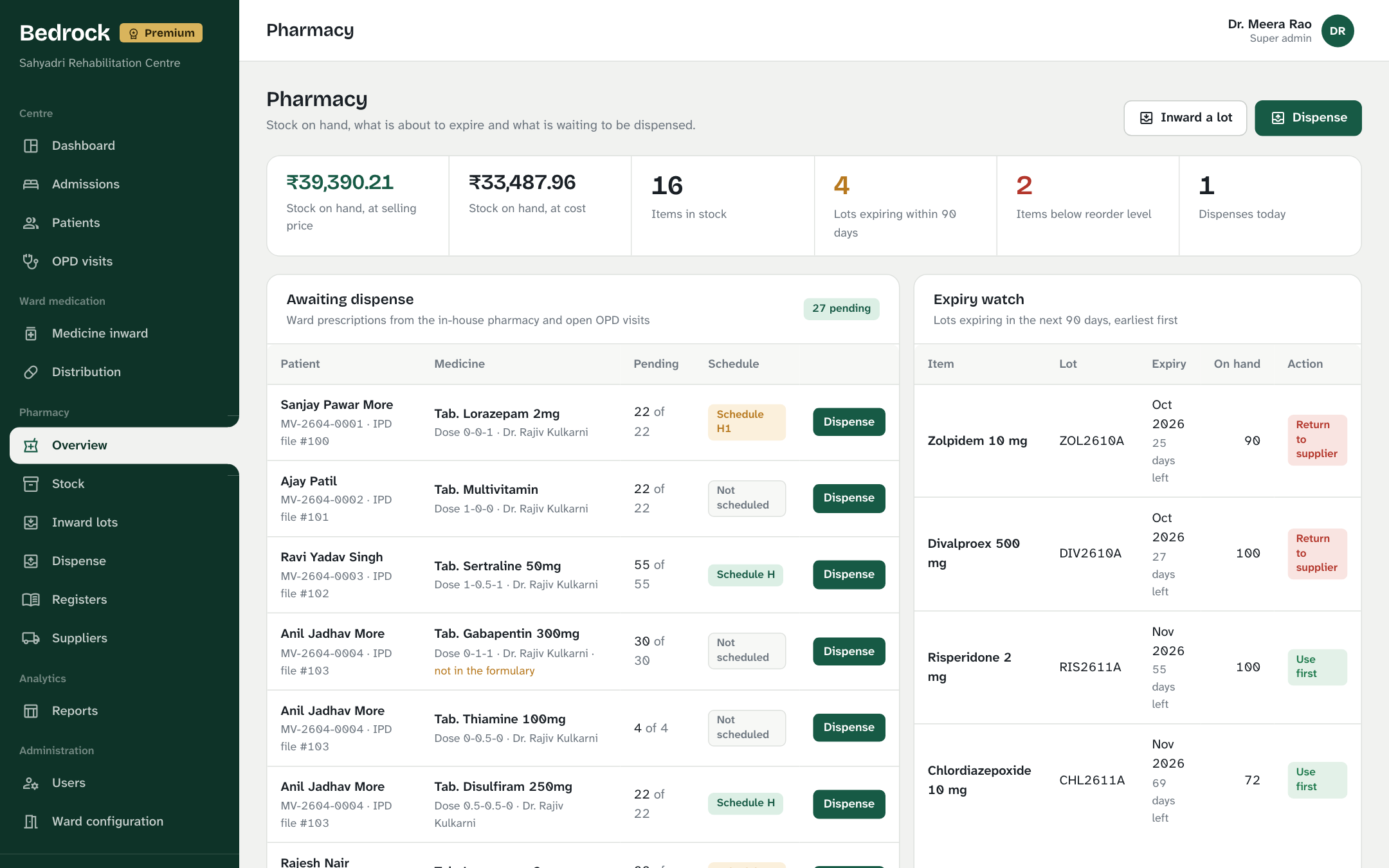 The Bedrock pharmacy overview with stock on hand, lots expiring soon and prescriptions awaiting dispense